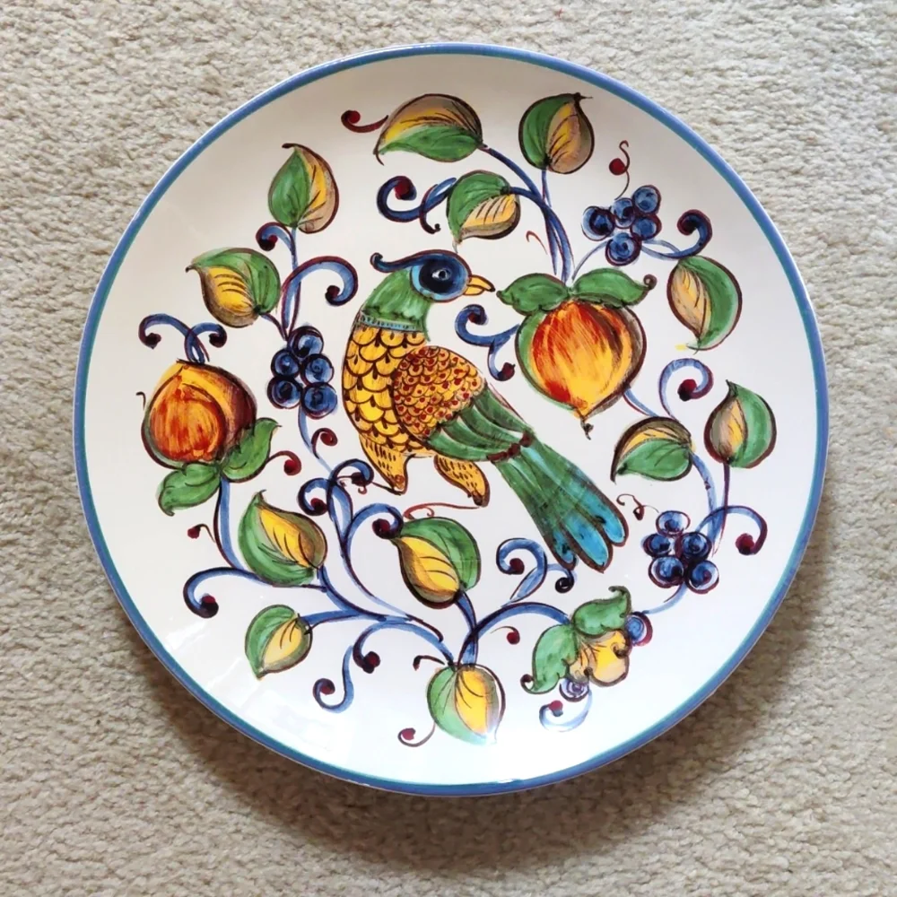 Sur La Table Hand-Painted Bird & Fruit Ceramic Plate — Blue, Green, Yellow